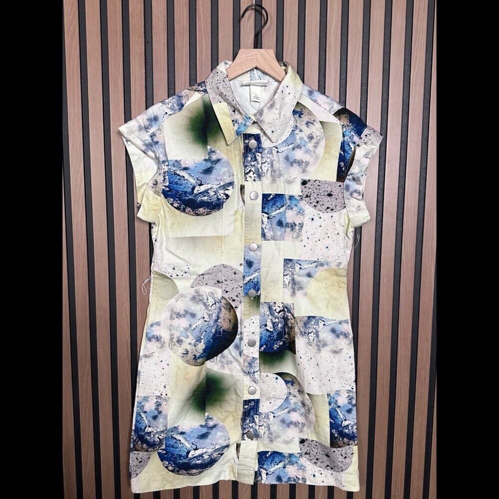 New Monkl Jacket Dress Small Womens Multicolor Abstract Denim Button Knee Length